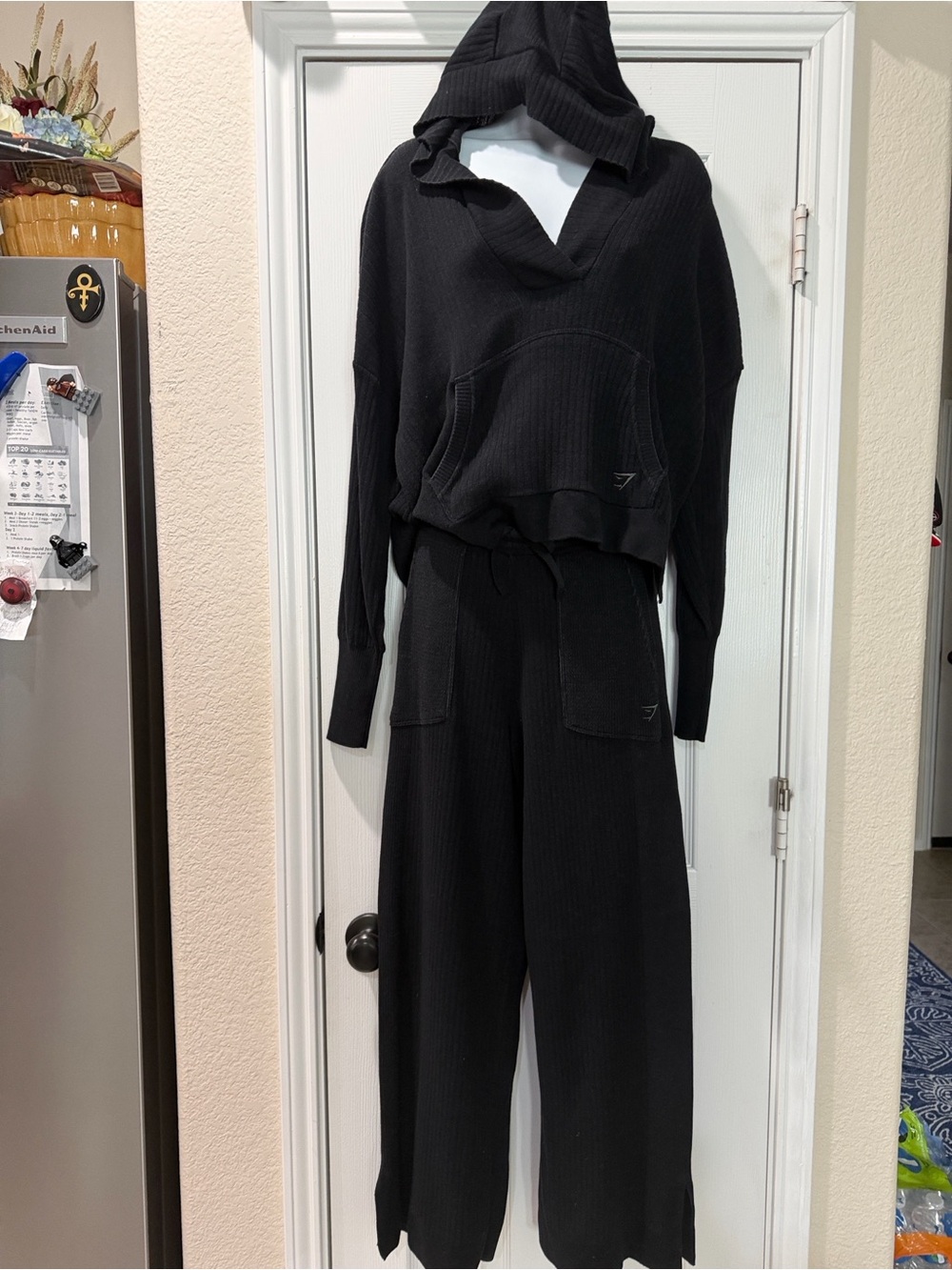 Gymshark Women's Black Ribbed Knit Wide-Leg Pants and hoodie set - Picture 2 of 6